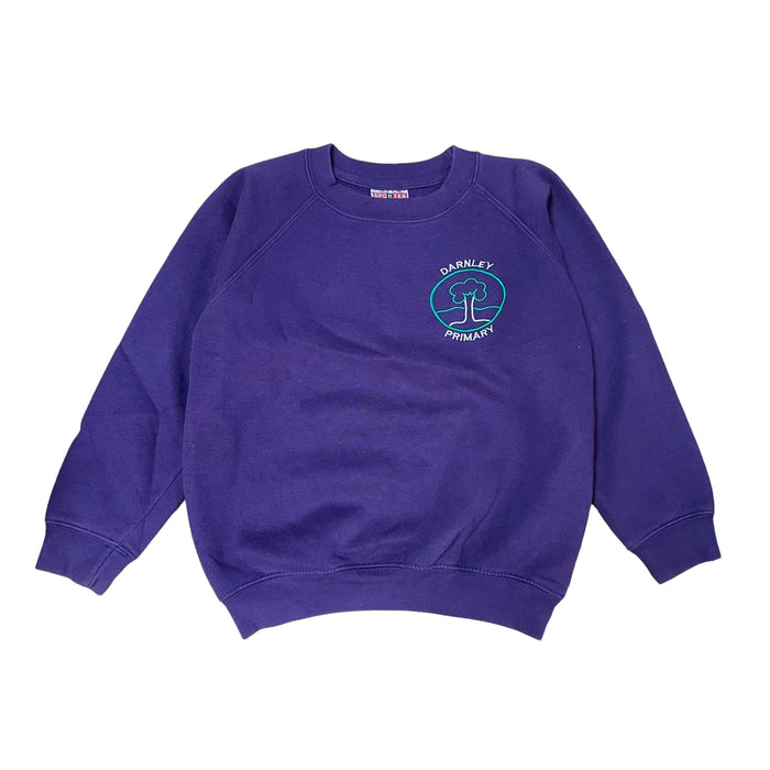 Second-hand Darnley Primary boys purple crewneck jersey sweatshirt, flat lay view with embroidered school badge.