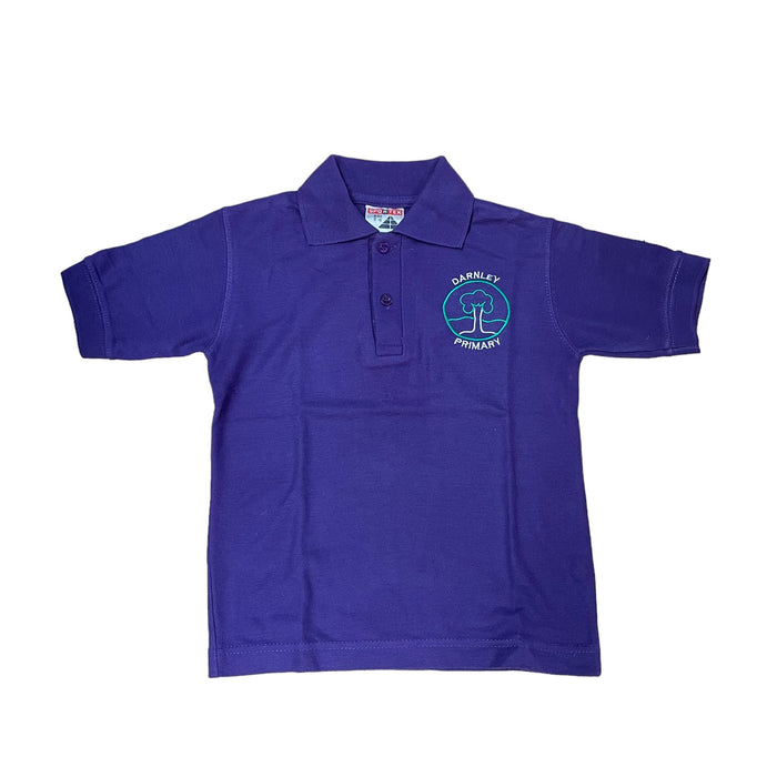 Second-hand Darnley Primary unisex purple polo shirt, flat lay view with embroidered school badge.