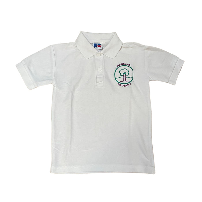 Second-hand Darnley Primary unisex white polo shirt, flat lay view with embroidered school badge.