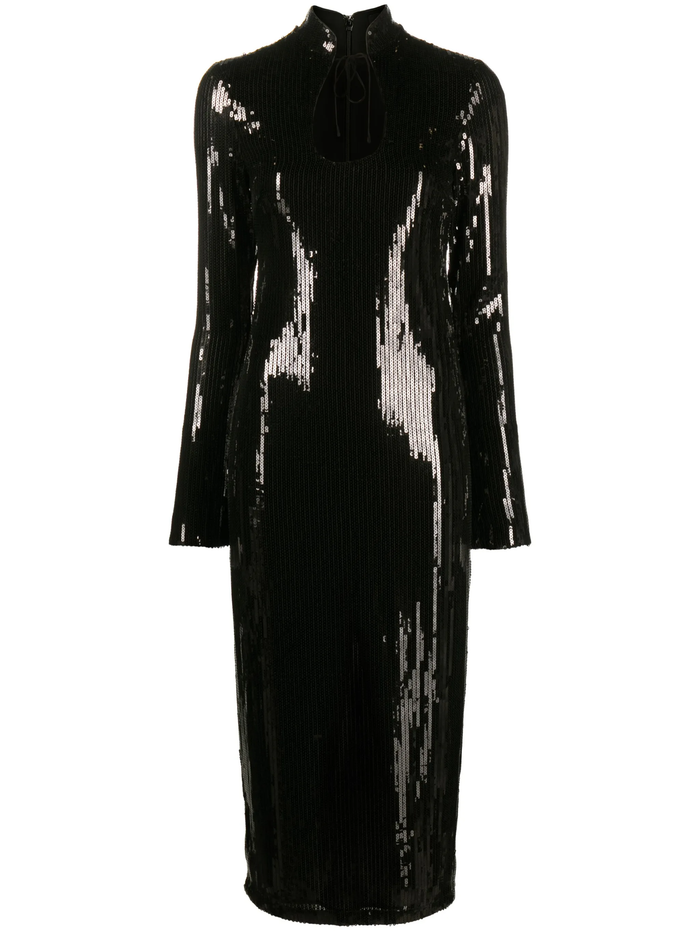 De La Vali Lazarus Black Sequinned Keyhold Neck Midi Dress