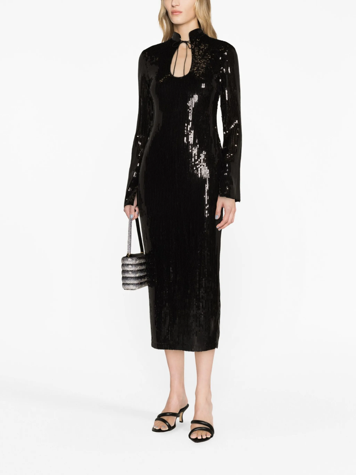 De La Vali Lazarus Black Sequinned Keyhold Neck Midi Dress