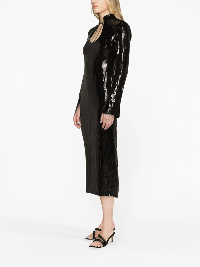 De La Vali Lazarus Black Sequinned Keyhold Neck Midi Dress
