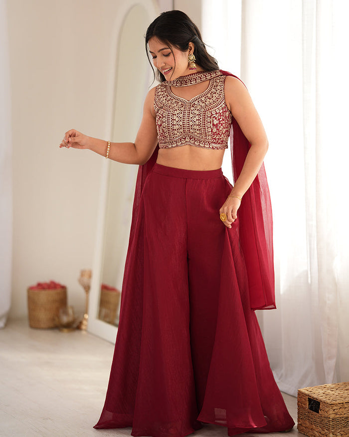 DEEP MAROON COLOR CRUNCHY SILK EMBROIDERED PLAZZO SUIT