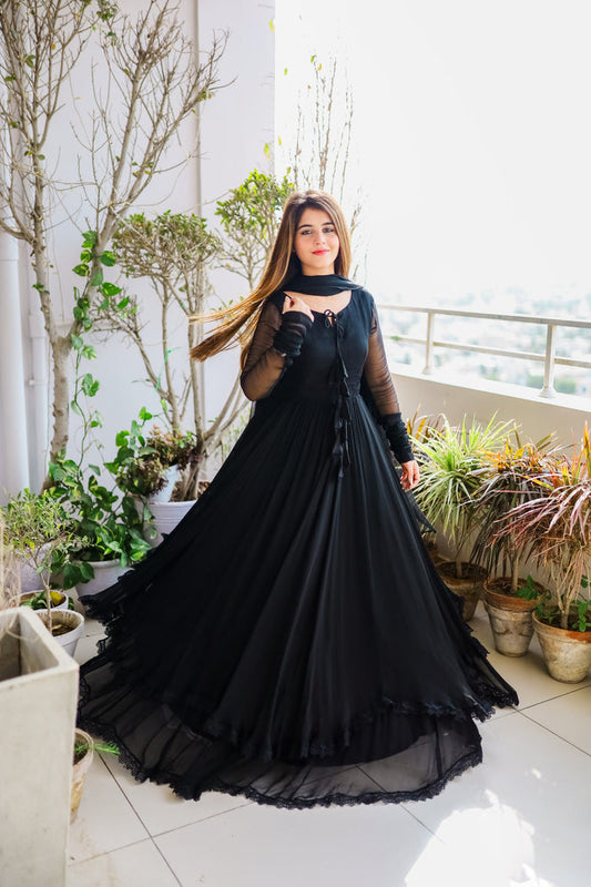 Demanding Black Color Lace Work Long Anarkali Gown