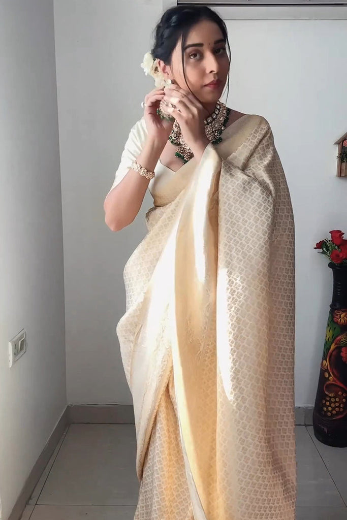 Demesne 1-Minute Ready To Wear Beige Kanjivaram Silk Saree
