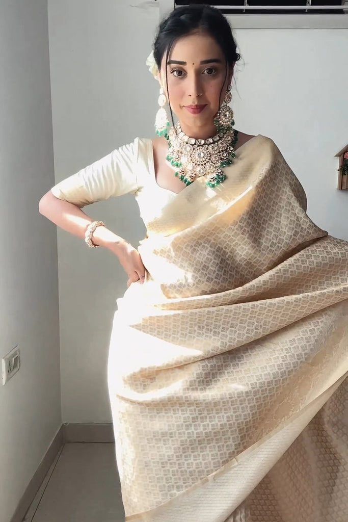 Demesne 1-Minute Ready To Wear Beige Kanjivaram Silk Saree