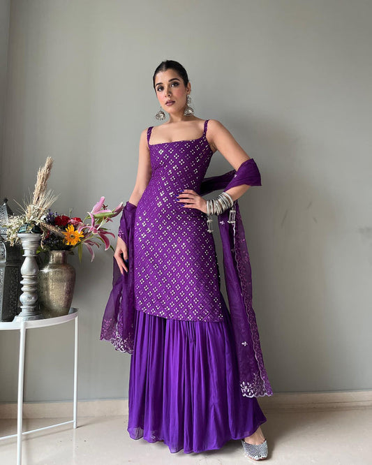 Designer Embroidered Purple Sharara suit Set with Kurta and Dupatta
