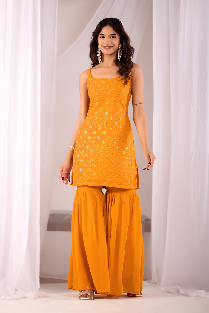 Designer Mustard Yellow Embroidered Kurta Sharara Suit Sets