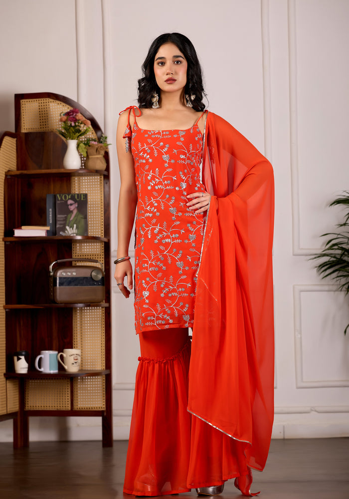 Designer Orange Embroidered Kurta Set And Sharara Suit Set