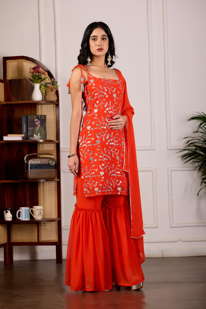 Designer Orange Embroidered Kurta Set And Sharara Suit Set