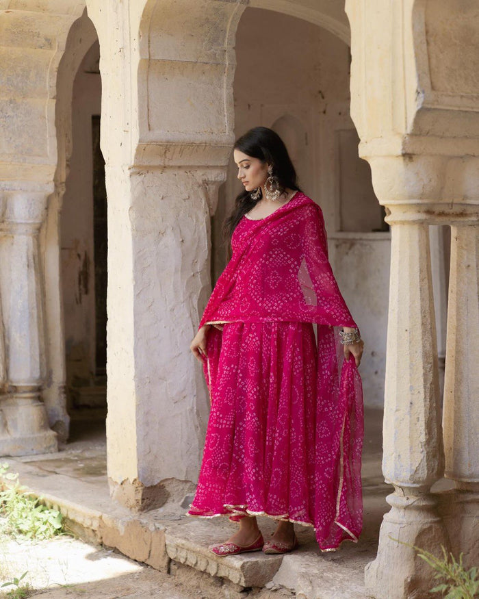 Digital Print Pink Colour organza silk Anarkali Suit Set with huge flair