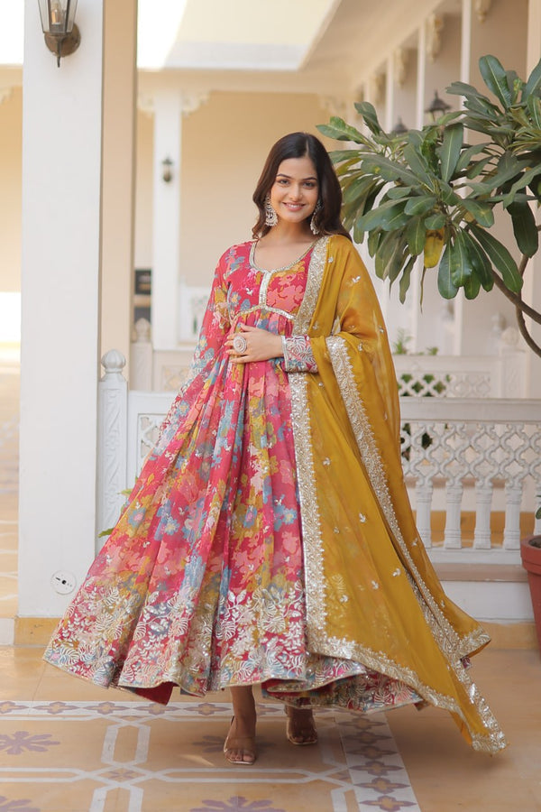 Digital Printed Russian Silk Pink Color Gown With Yellow Dupatta