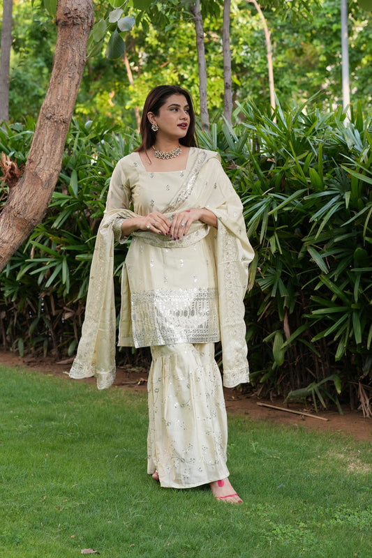 Diksha Pawar Beautiful Cream Colour Embroidery Sequence Work Sharara Suit