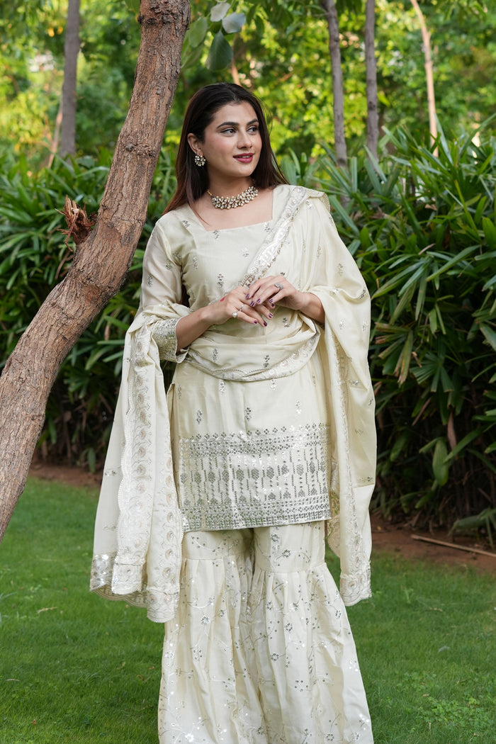 Diksha Pawar Beautiful Cream Colour Embroidery Sequence Work Sharara Suit