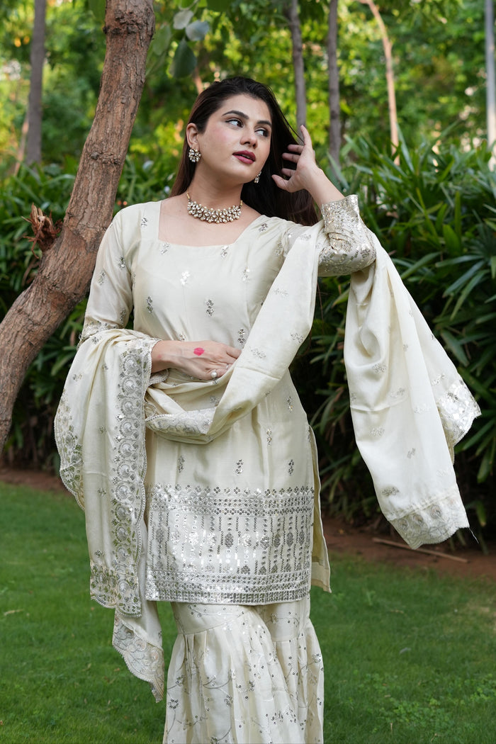 Diksha Pawar Beautiful Cream Colour Embroidery Sequence Work Sharara Suit