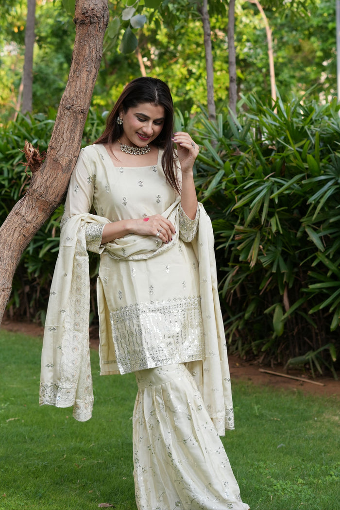 Diksha Pawar Beautiful Cream Colour Embroidery Sequence Work Sharara Suit