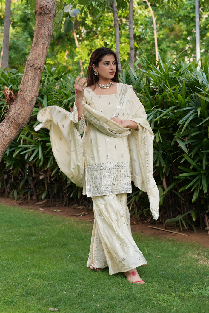 Diksha Pawar Beautiful Cream Colour Embroidery Sequence Work Sharara Suit