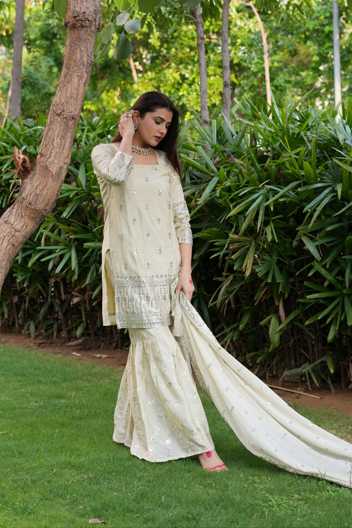 Diksha Pawar Beautiful Cream Colour Embroidery Sequence Work Sharara Suit