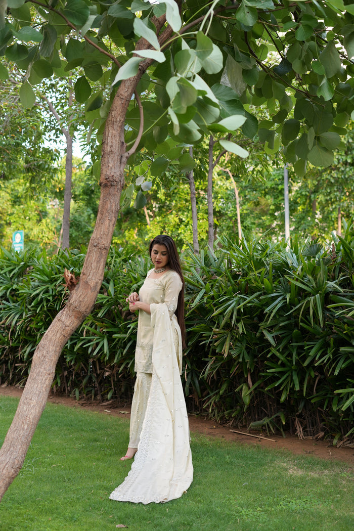Diksha Pawar Beautiful Cream Colour Embroidery Sequence Work Sharara Suit