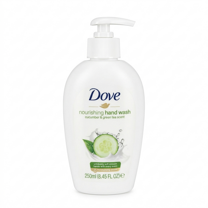 Dove nourishing hand wash bottle with cucumber and green tea scent on a white background