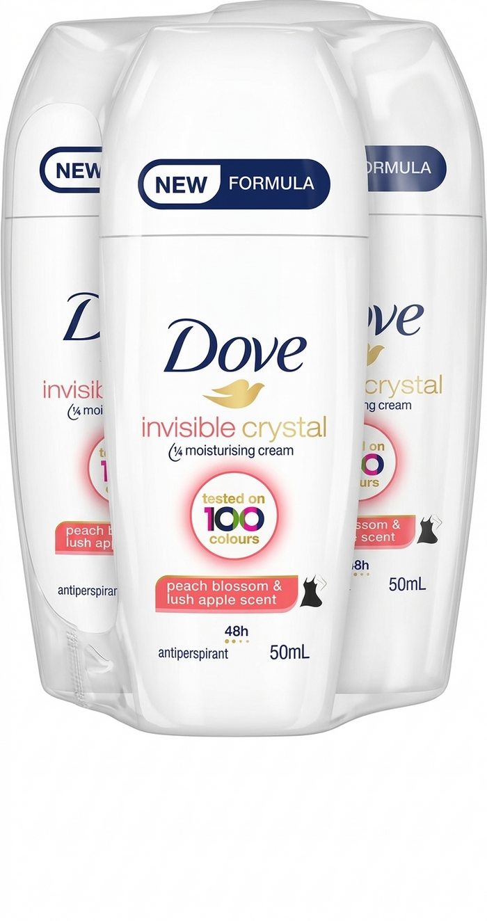 Three Dove Invisible Crystal antiperspirant bottles on a white background Peach Blossom and lush apple scent