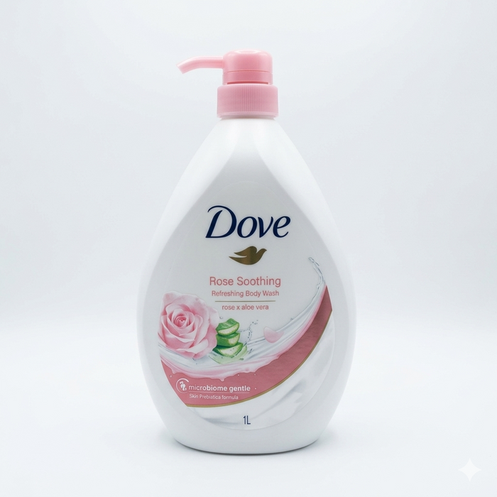 Dove Rose Soothing body wash bottle with a pink pump on a white background