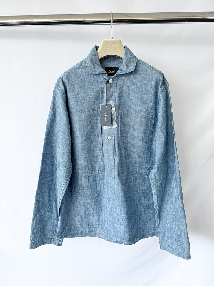 Drake's Blue Cotton Chambray Spread Collar Popover Shirt