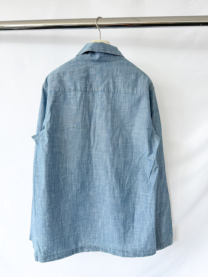 Drake's Blue Cotton Chambray Spread Collar Popover Shirt