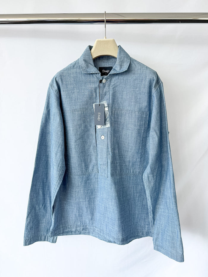 Drake's Blue Cotton Chambray Spread Collar Popover Shirt