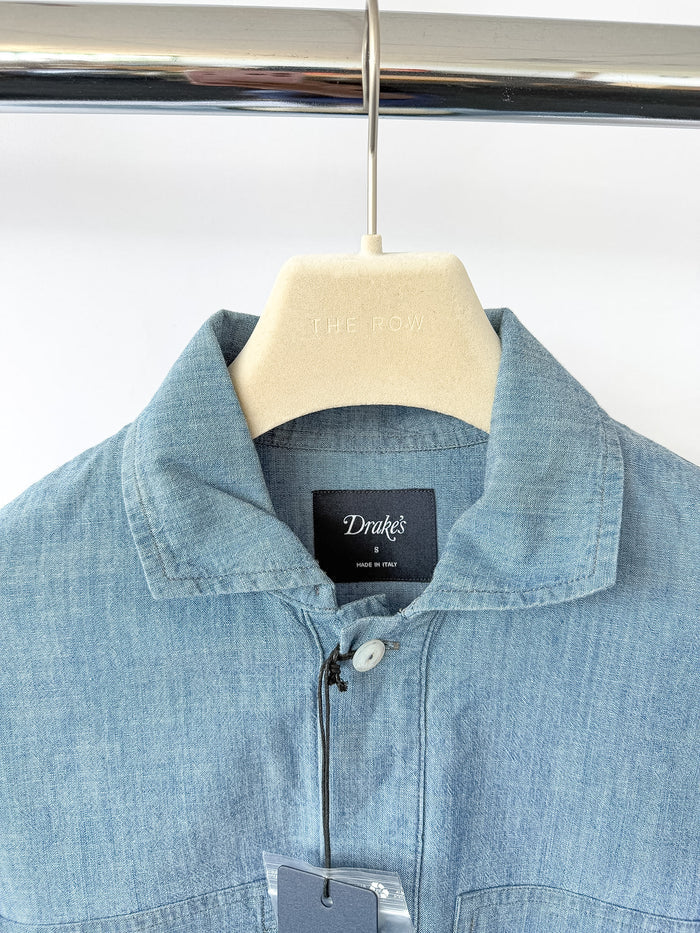 Drake's Blue Cotton Chambray Spread Collar Popover Shirt