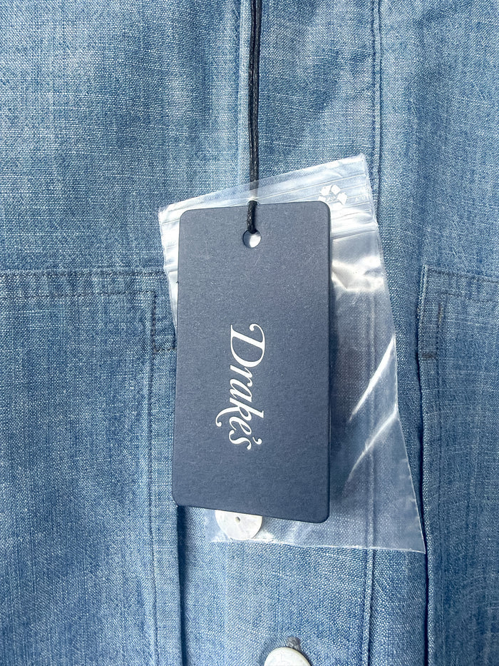 Drake's Blue Cotton Chambray Spread Collar Popover Shirt