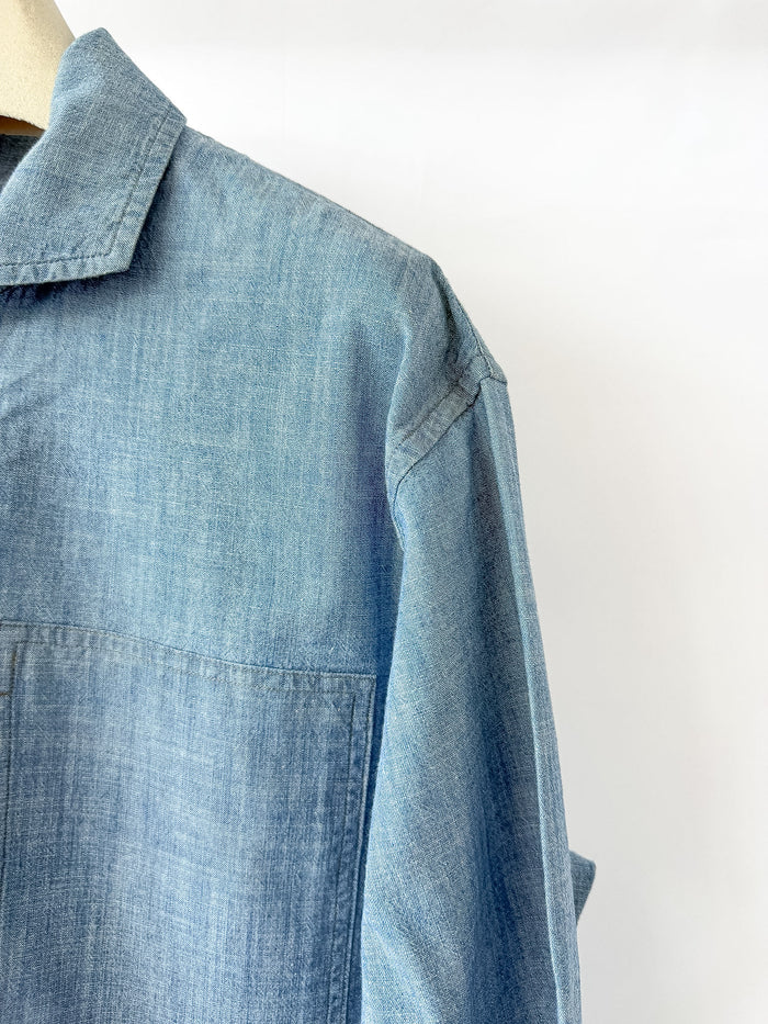 Drake's Blue Cotton Chambray Spread Collar Popover Shirt