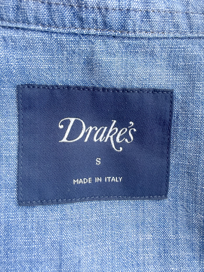 Drake's Blue Cotton Chambray Spread Collar Popover Shirt