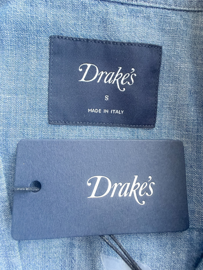Drake's Blue Cotton Chambray Spread Collar Popover Shirt