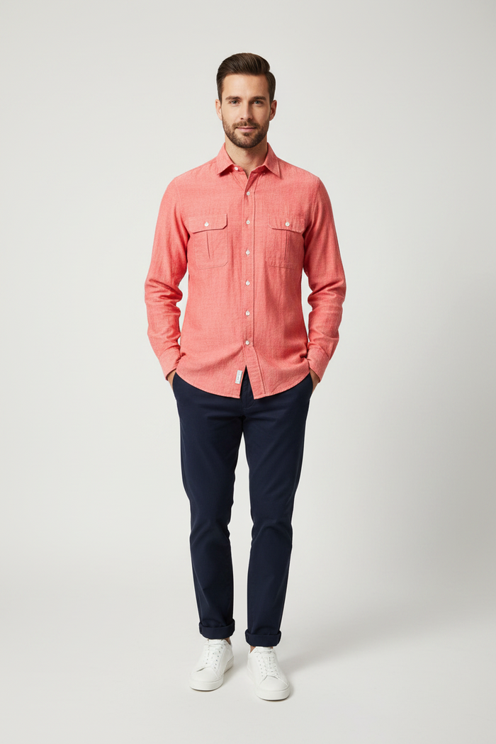 Drake's Red Cotton Double Pocket Long Sleeve Shirt