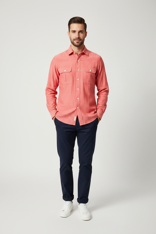 Drake's Red Cotton Double Pocket Long Sleeve Shirt