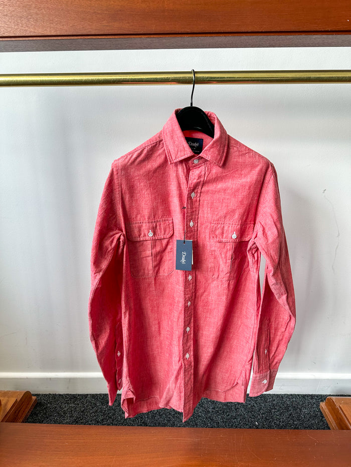 Drake's Red Cotton Double Pocket Long Sleeve Shirt - House Of Huntington