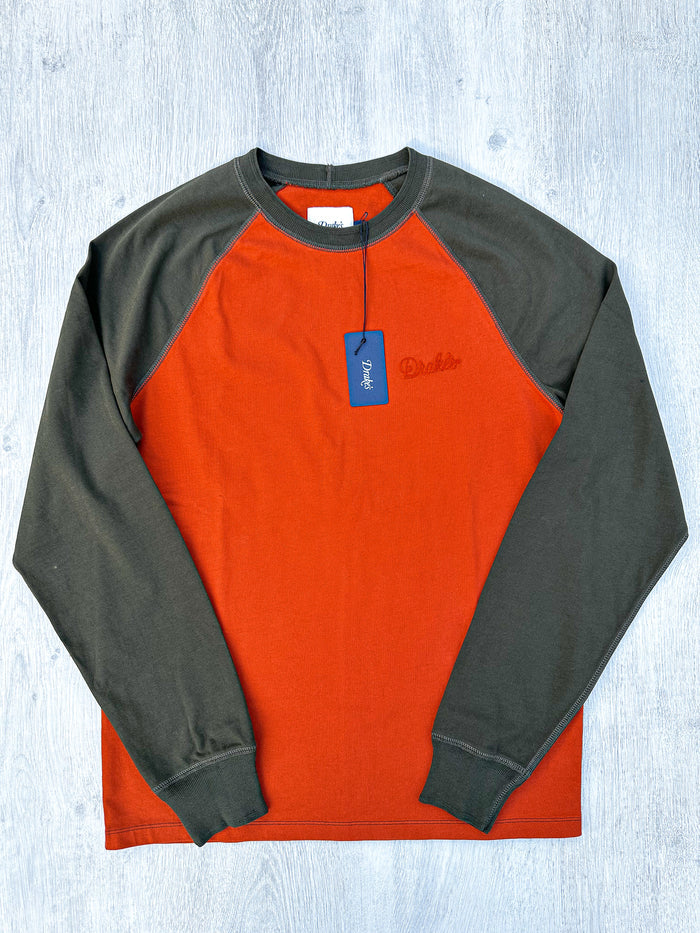Drake's Rust & Green Long Sleeve Hiking Tee With Chain Stitch Logo - House Of Huntington