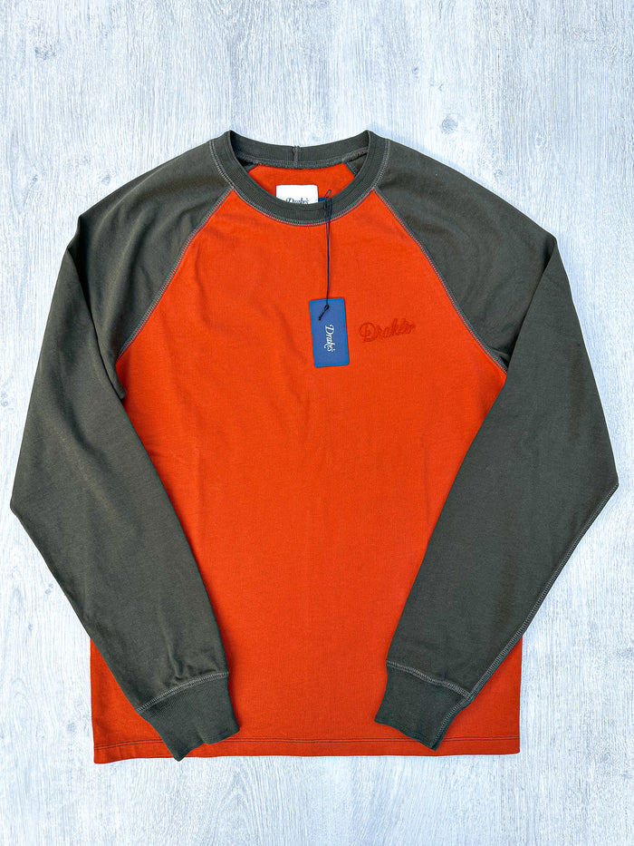 Drake's Rust & Green Long Sleeve Hiking Tee With Chain Stitch Logo - House Of Huntington