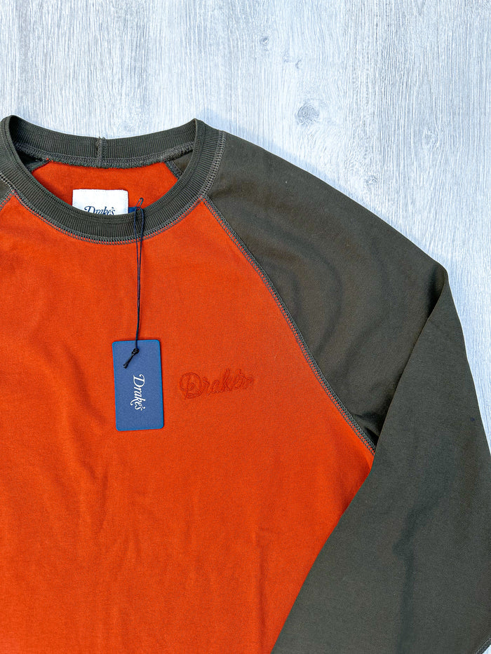 Drake's Rust & Green Long Sleeve Hiking Tee With Chain Stitch Logo - House Of Huntington