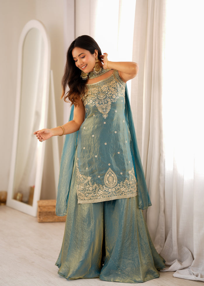Dusty Blue Color Fendi Silk Embroidered Sharara Suit