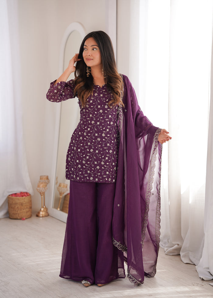 Dusty Mauve Color Crunchy Silk Embroidered Plazzo Suit