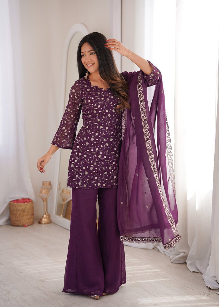 Dusty Mauve Color Crunchy Silk Embroidered Plazzo Suit