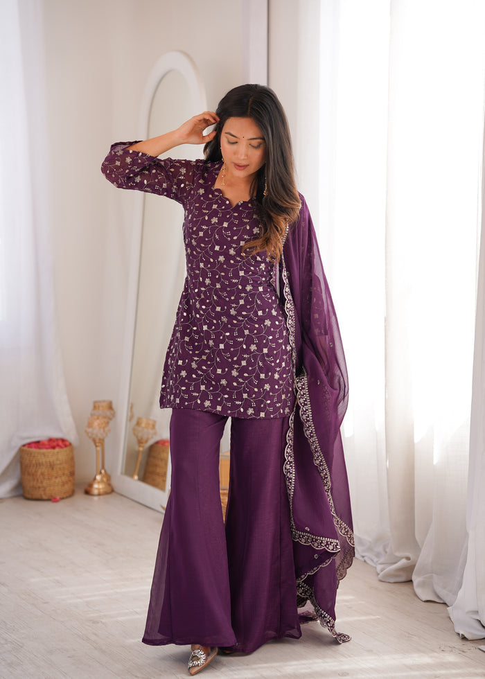 Dusty Mauve Color Crunchy Silk Embroidered Plazzo Suit