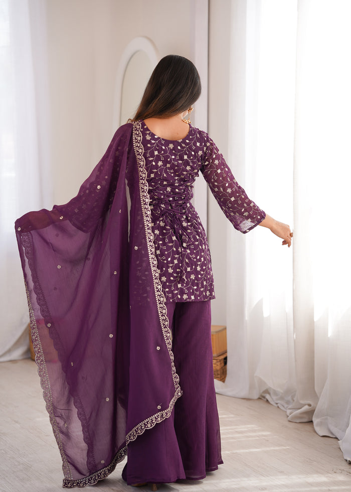Dusty Mauve Color Crunchy Silk Embroidered Plazzo Suit