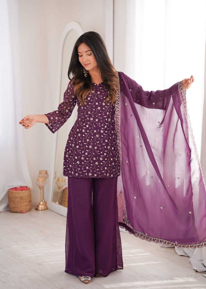 Dusty Mauve Color Crunchy Silk Embroidered Plazzo Suit