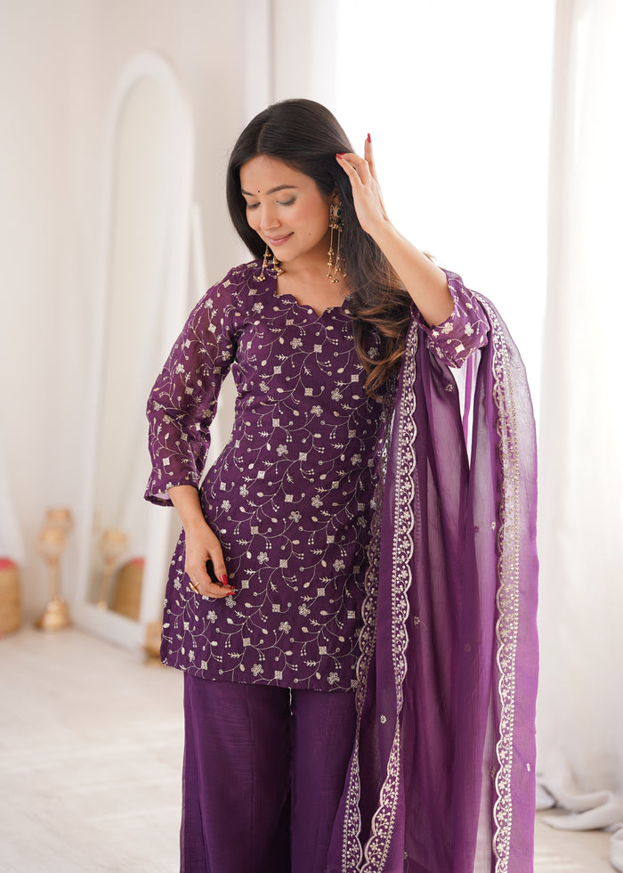 Dusty Mauve Color Crunchy Silk Embroidered Plazzo Suit