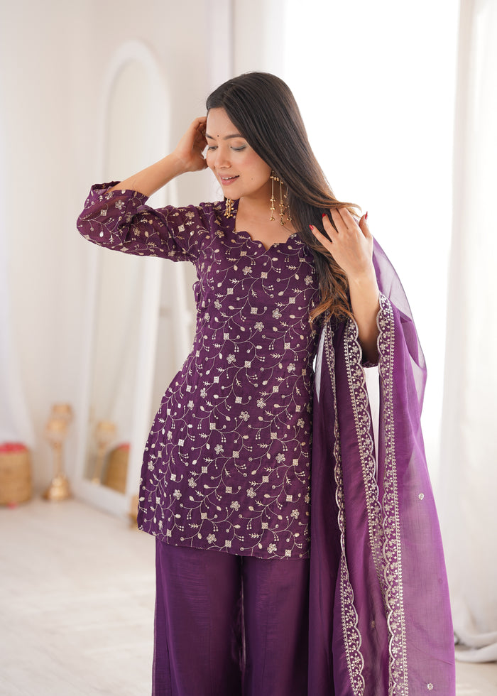 Dusty Mauve Color Crunchy Silk Embroidered Plazzo Suit
