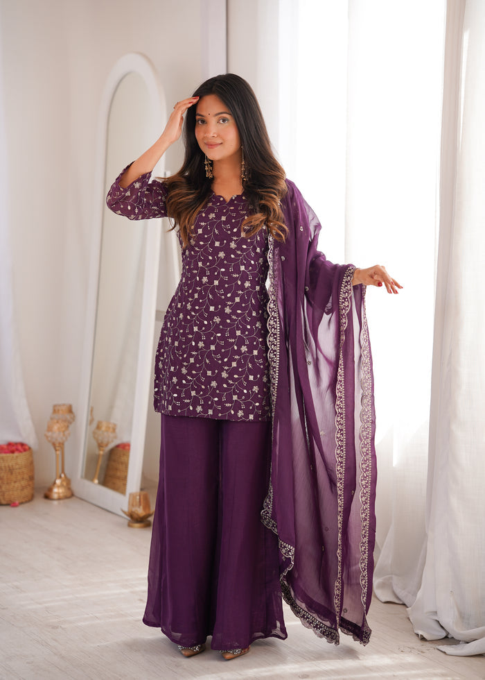 Dusty Mauve Color Crunchy Silk Embroidered Plazzo Suit
