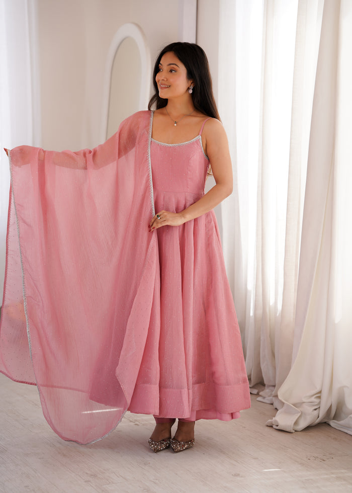Dusty Pink Color Crunchy Silk Ethnic Anarkali Suit with Dupatta